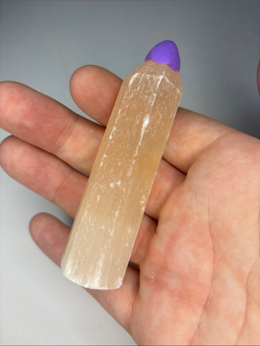 Peach Selenite Point with Purple Tip